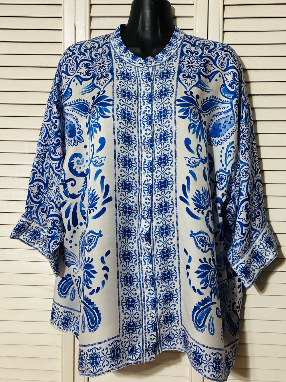 Hale Bob Blue and White Printed Button-Up Blouse
